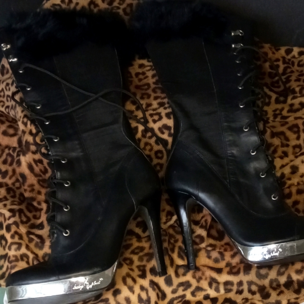 Women's Baby Phat long leather & fur high heel boots color black & silver size 7